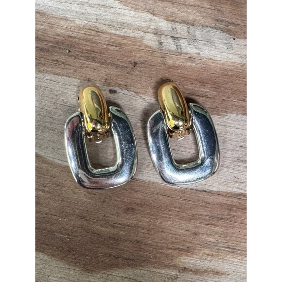 Vintage Givenchy Two-Tone Clip-On Earrings Gold & Silver Geometric Design Statem - Picture 6 of 7